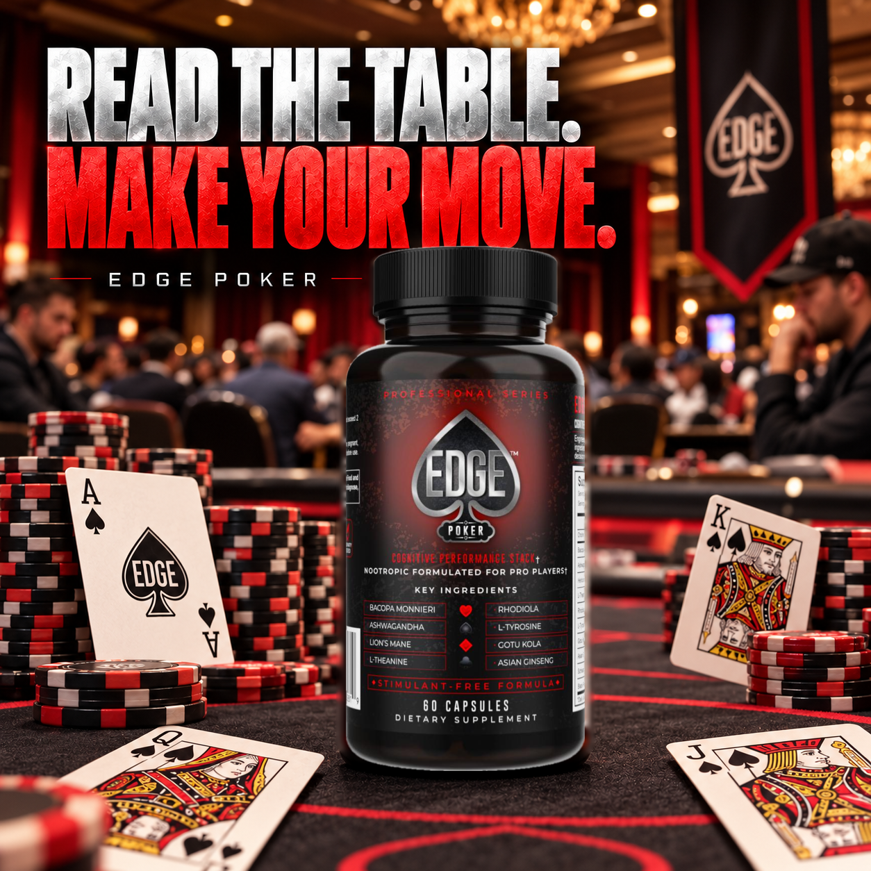 EDGE bottle on a poker table with chips and cards